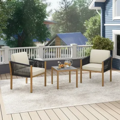 3dílná bistro sada, pletené provazy s polštáři, na balkon, terasu, do zahrady, béžová