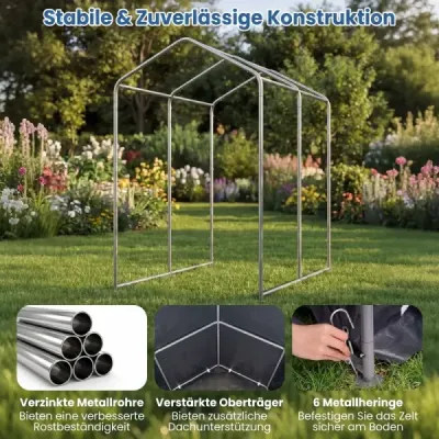 Zahradní domek/garážový stan s rolovacími dveřmi na zip a 6 kovovými kolíky, 150 x 92 x 150 cm