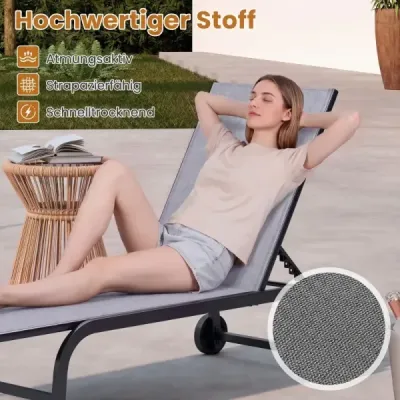Sada 2 lehátek s kolečky. Robustní zahradní lehátko s nastavitelnou opěrkou do 6 poloh (až 180°). Ploché. Šedé.