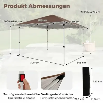 Zahradní pavilon 3,5x3,5m, výškově nastavitelný, výsuvný, s lany, kolíky a taškou do zahrady a na terasu, hnědý