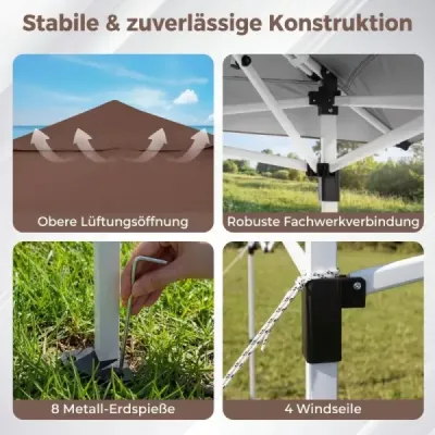 Zahradní pavilon 3,5x3,5m, výškově nastavitelný, výsuvný, s lany, kolíky a taškou do zahrady a na terasu, hnědý