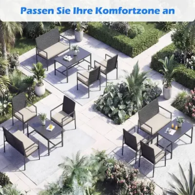 4dílná sada zahradního nábytku – ratanové židle a dvojmístná pohovka s konferenčním stolkem z tvrzeného skla, béžová