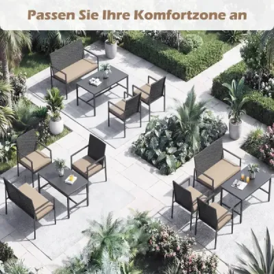 4dílná sada zahradního nábytku, venkovní ratanové židle a pohovka s konferenčním stolkem z tvrzeného skla, hnědá