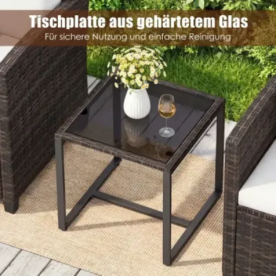 3dílná sada zahradního nábytku: 2 křesla, skleněný stůl, kovový rám, polštáře – na balkon, do zahrady, k bazénu – béžová