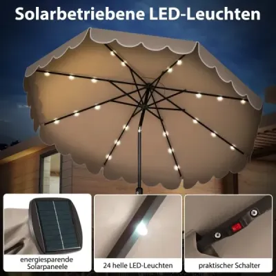 3 m zahradní slunečník s 24 LED diodami, sklopný, 8 žeber, do zahrady a na terasu, hnědý
