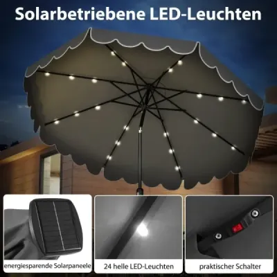 3 m zahradní slunečník s 24 LED diodami, sklopný, 8 žeber, do zahrady a na terasu, šedý