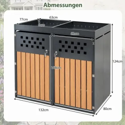 Úložný box na 2 popelnice, vyrobený z pozinkované oceli se zelenou střechou, 132 x 80 x 124 cm, černý