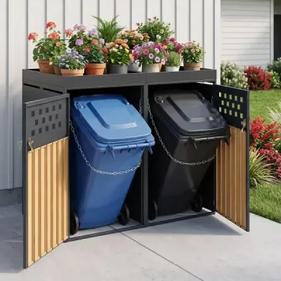 Úložný box na 2 popelnice, vyrobený z pozinkované oceli se zelenou střechou, 132 x 80 x 124 cm, černý