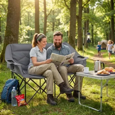 Kempingová židle pro 2 osoby, kempingová pohovka XXL s držáky na nápoje a síťovými kapsami, skládací židle, šedá