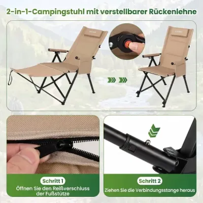 Skladacia kempingová stolička s opierkou na nohy, polohovatelné kreslo, 4polohové nastavitelné operadlo, nosnosť do 150 kg, khaki