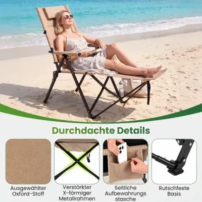 Skladacia kempingová stolička s opierkou na nohy, polohovatelné kreslo, 4polohové nastavitelné operadlo, nosnosť do 150 kg, khaki