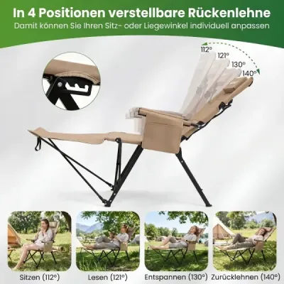 Skladacia kempingová stolička s opierkou na nohy, polohovatelné kreslo, 4polohové nastavitelné operadlo, nosnosť do 150 kg, khaki