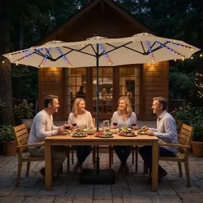 Dvojitý slunečník 370 x 200 cm, slunečník s klikou a stojanem, zahradní slunečník se 108 LED světly, béžový