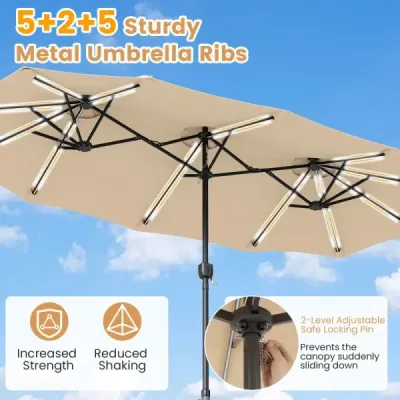 Dvojitý slunečník 370 x 200 cm, slunečník s klikou a stojanem, zahradní slunečník se 108 LED světly, béžový