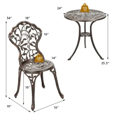 3 ks starožitný litý hliníkový bistro set balkonová souprava sedací skupina zahradní stůl se 2 židlemi černý