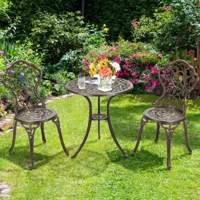 3 ks starožitný litý hliníkový bistro set balkonová souprava sedací skupina zahradní stůl se 2 židlemi černý