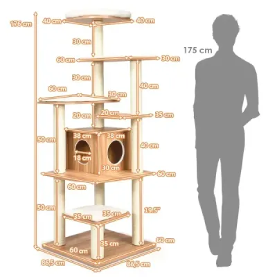 175 cm strom pro kočky 6-patrové škrábadlo pro kočky dřevěný škrábací domeček s jeskyní a 5 podložkami