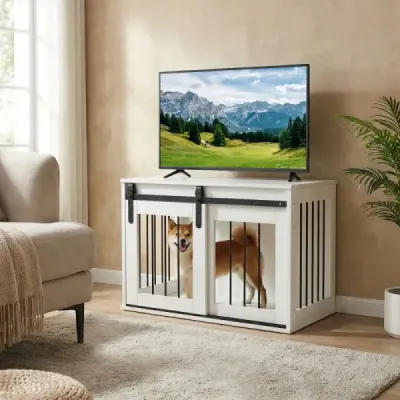 80 cm odolná psí klec ve stylu stodoly s posuvnými dveřmi, nábytek do psí klece, odkládací stolek, bílá