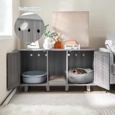 Skříňka pro kočky na odpadkový koš se 2 dvířky a škrábací deskou a vchodem 120 x 52 x 65 cm Šedá