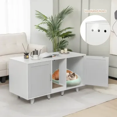 Skříňka pro kočky na odpadkový koš se 2 dvířky a škrábací deskou a vchodem 120 x 52 x 65 cm Šedá