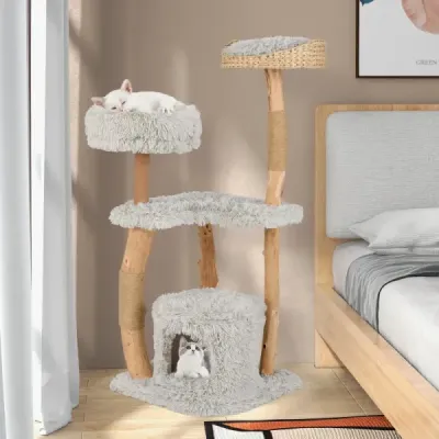 124 cm dřevěné škrabadlo s kočičí jeskyní a plyšovým sedátkem a plošinou na sezení Škrabadlo z juty šedé barvy