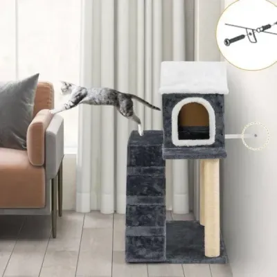 90 cm vysoké škrabadlo s velkou jeskyní a žebříkem a sisalovými sloupky Kočičí strom Šplhací strom šedý