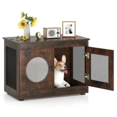 Klec pro psy Klec pro psy ve stylu nábytku s dvířky a oknem na PC Klec pro malé a střední psy Kočka Pet Brown 82 x 47 x 60 cm