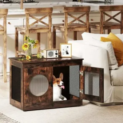 Klec pro psy Klec pro psy ve stylu nábytku s dvířky a oknem na PC Klec pro malé a střední psy Kočka Pet Brown 82 x 47 x 60 cm