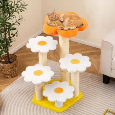 Niedlicher Blumen-Kratzbaum für Innenkatzen Katzenbaum mit Kuschel-Plüschoberfläche Sisal-Kratzpfosten Gelb