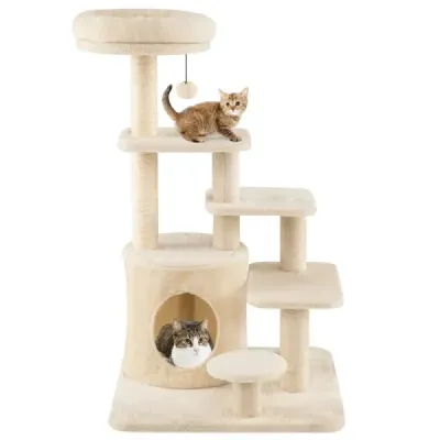 Dřevěný škrabadlo pro kočky, 102 cm, vícepatrová kočičí věž s jeskyní, polstrovaná vyhlídková plošina, sisalové škrabadla, béžová