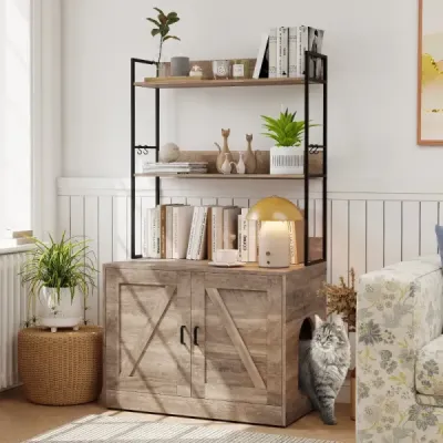 Kočičí skříňka na toaletu s policí, skříňka na kočičí toaletu, kočičí domeček se vchodem, šedá