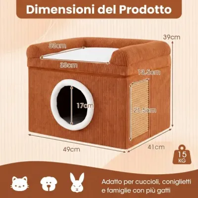Kočičí pelíšek pro domácí kočky, velká kočičí jeskyně, sisalová škrabadla, měkký polštář, protiskluzový, skládací, do 15 kg, 49 x 41 x 39 cm, hnědá