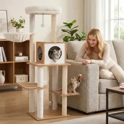 148 cm vysoký moderní kočičí škrabadlo se sisalovými škrabadly, jeskyní a košíkem