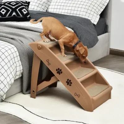 Schody pro domácí mazlíčky se 4 stupni Přenosný žebřík na lezení Bezpečná rampa pro psy 62,5 x 38 x 49 cm Hnědá barva