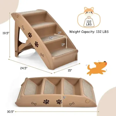 Schody pro domácí mazlíčky se 4 stupni Přenosný žebřík na lezení Bezpečná rampa pro psy 62,5 x 38 x 49 cm Hnědá barva