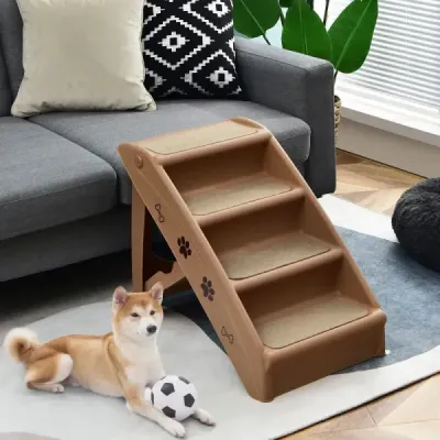Schody pro domácí mazlíčky se 4 stupni Přenosný žebřík na lezení Bezpečná rampa pro psy 62,5 x 38 x 49 cm Hnědá barva