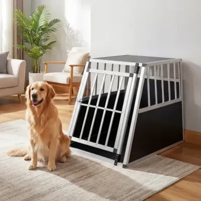 Přepravní box pro psy s uzamykatelnými dvířky a odnímatelnou přepážkou, hliníkový box pro psy, 91 x 65 x 69,5 cm