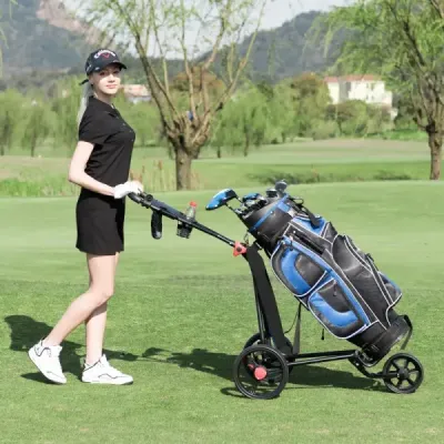 3-kolový golfový vozík skládací lehký železný golfový vozík s nastavitelnou rukojetí TPR kovový golfový vozík černý