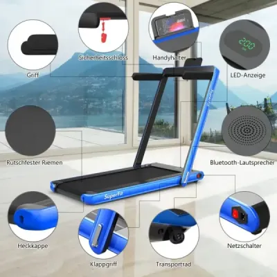 2 v 1 Skládací běžecký pás 2,25 HP Přenosný elektrický běžecký pás Blue