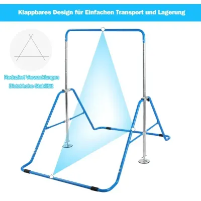 Dětská gymnastická hrazda, výškově nastavitelná, hrazda 90-130 cm, skládací, modrá