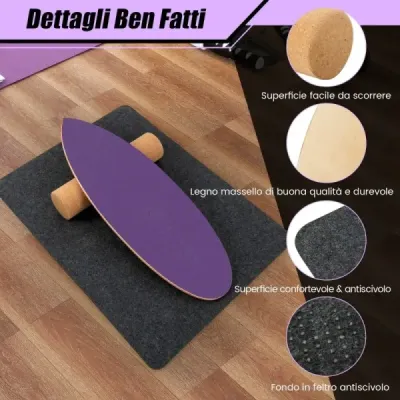 Balanční deska ze dřeva Balanční deska Balanční trenažér Trickboard pro domácnost včetně korkové role Fialová