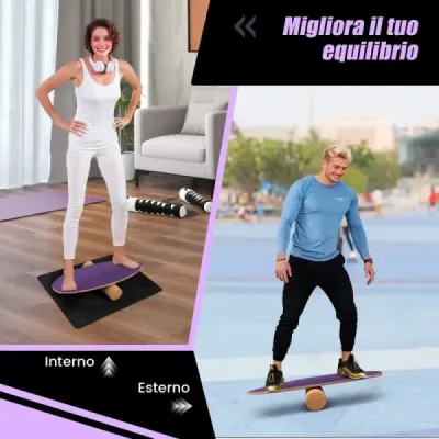Balanční deska ze dřeva Balanční deska Balanční trenažér Trickboard pro domácnost včetně korkové role Fialová