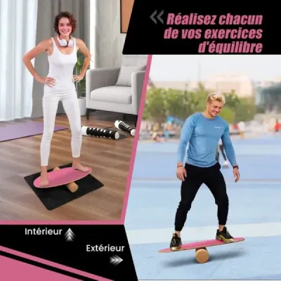 Dřevěná balanční deska Balance trainer Trickboard pro domácí použití včetně korkového válečku Hot Pink