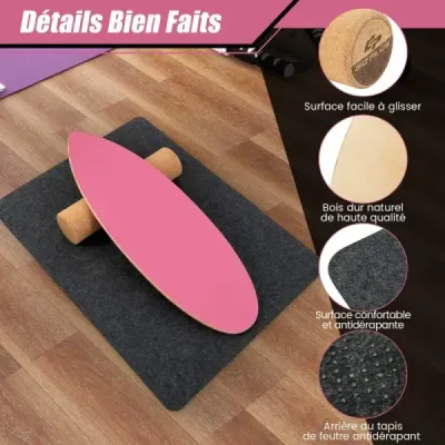 Dřevěná balanční deska Balance trainer Trickboard pro domácí použití včetně korkového válečku Hot Pink