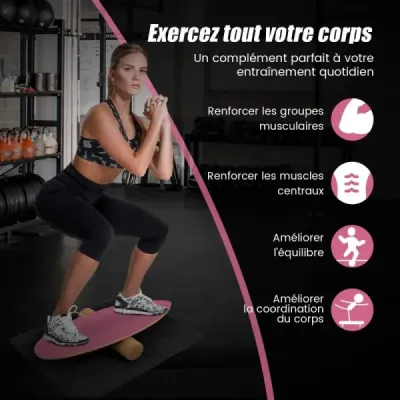 Dřevěná balanční deska Balance trainer Trickboard pro domácí použití včetně korkového válečku Hot Pink