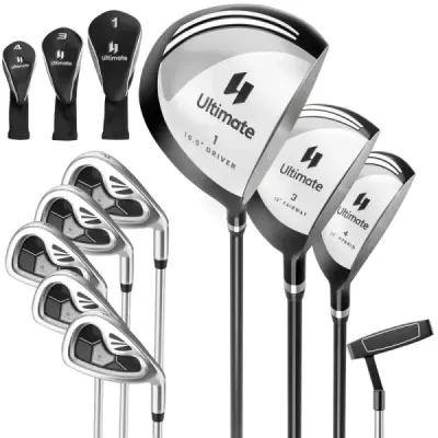 9dílná kompletní sada golfových holí pro praváky, včetně driveru, vyrobená ze zinkové slitiny šedé barvy