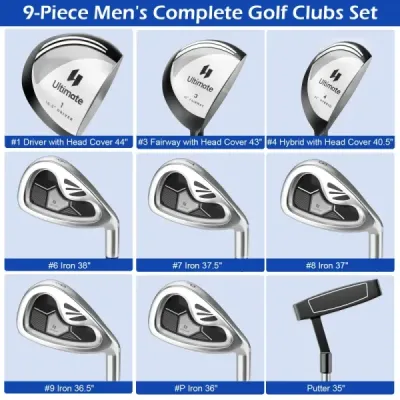 9dílná kompletní sada golfových holí pro praváky, včetně driveru, vyrobená ze zinkové slitiny šedé barvy