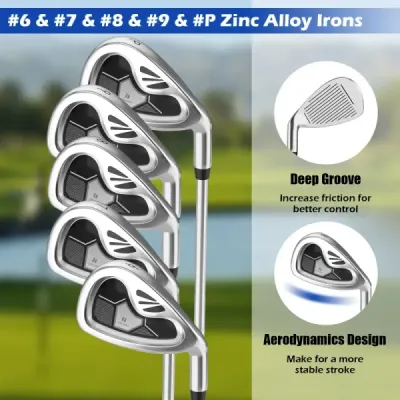 9dílná kompletní sada golfových holí pro praváky, včetně driveru, vyrobená ze zinkové slitiny šedé barvy