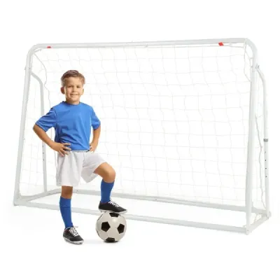 2 v 1 Fotbalová branka a odrazová deska Fotbalové branky 187 x 60 x 102-122,5 cm Dětská fotbalová branka s nastavitelnou výškou Bílá