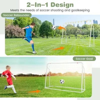 2 v 1 Fotbalová branka a odrazová deska Fotbalové branky 187 x 60 x 102-122,5 cm Dětská fotbalová branka s nastavitelnou výškou Bílá